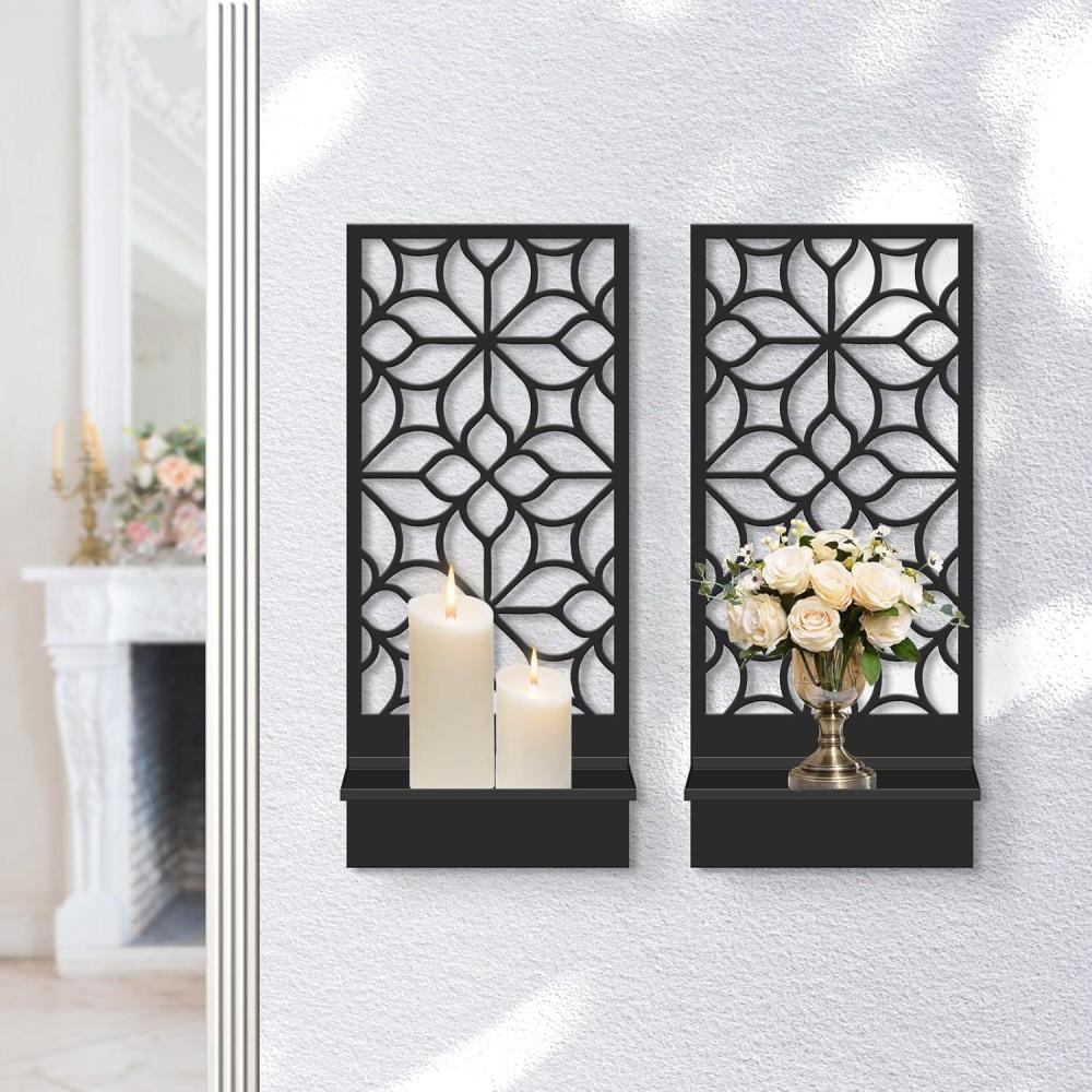 image:imageGlamativity Large 2 Pcs Set Black Metal Wall Sconce Candle Holder 23 x 10 Minimalist Retro Line Metal Wall Art Dcor 3D Textured Sculptures Carved Metal Frame Wall Art Hanging for Living Room