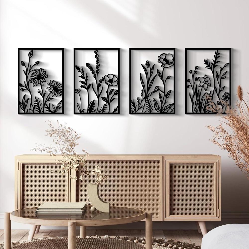 image:imageGlamativity Large 4 Pcs Colorful And Black DoubleSided Gold Leaf Metal Wall Art 225 x 157 Botanical Abstract Wall Dcor Metal Leaf with Frame 3D Textured Sculptures Modern Wall Art With Ginkgo Biloba Design for Living Room Bedroom Bathroom Study L Size 225 x 157Black Abstract Flowers