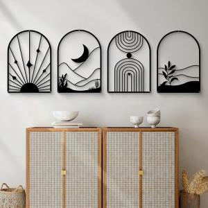 Glamativity 4 Pack Black Abstract Metal Wall Art, Minimalist Décor Single Line Art Wall Décor, 3D Textured Metal Wall Sculptures, for Living Room Bedroom Bathroom Study Room (Mountain Line, M Size 17 x 12”)(Black Boho)
