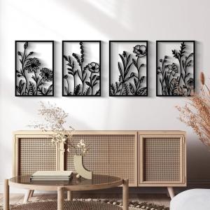 Glamativity Large 4 Pcs Colorful And Black Double-Sided Gold Leaf Metal Wall Art, 22.5 x 15.7” Botanical Abstract Wall Décor Metal Leaf with Frame, 3D Textured Sculptures, Modern Wall Art With Ginkgo Biloba Design for Living Room Bedroom Bathroom Study (L Size 22.5 x 15.7”)(Black Abstract Flowers)