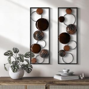 Glamativity 2 Pcs Set Abstract Vintage Circle Metal Wall Décor, 24 x 8” Brown Multi-Color Round Metal Wall Art With Frame, 3D Textured Sculptures, Modern Decorations Hanging For Living Room Bedroom Bathroom Study