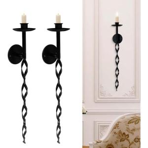 Glamativity Large 2 Pcs Black Metal Wall Long Candle Holders Twisted Sconces Décor, 22.5 x 2.4” Retro Chic Wall Sconces Candle Holder Decoration, Wall Mount Metal Candlestick Holder for Living Room