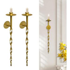 Glamativity Large 2 Pcs Gold Metal Wall Long Candle Holders Twisted Sconces Décor, 22.5 x 2.4 Retro Chic Wall Sconces Candle Holder Decoration, Wall Mount Metal Candlestick Holder